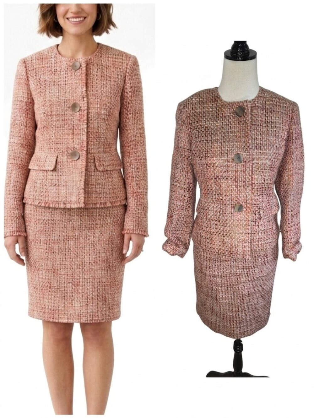 Talbots Wool Tweed Collarless Skirt Suit Set Pink Tan Rust Women Size 2 Petite